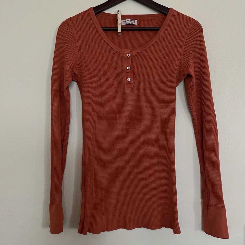 Michael Stars 100% Cotton Round Neck Waffle Thermal Long Sleeve Top Orange OS